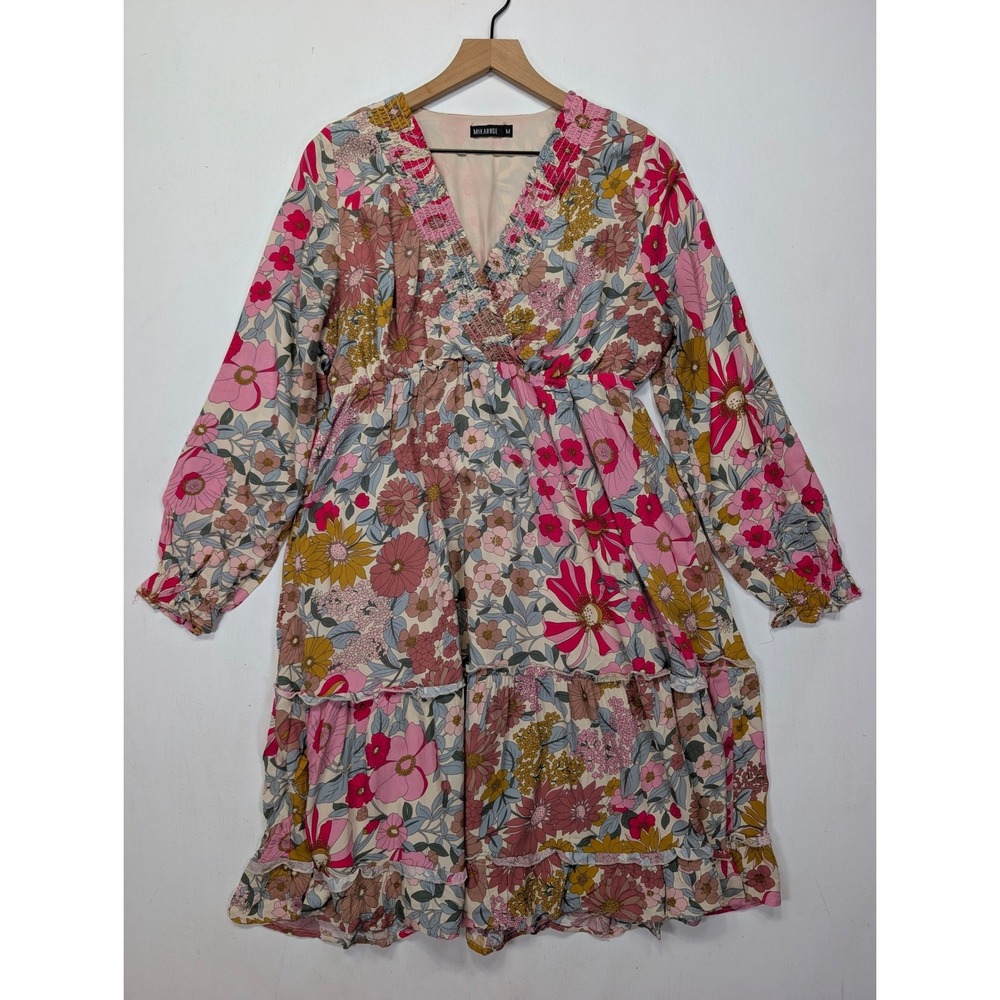 Mikarose Floral Smocked V-Neck Tiered Midi Dress Pink Mustard 70s Style Medium